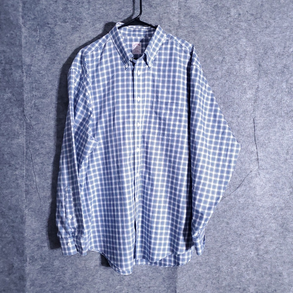 Brooks Brothers Dress Shirt Mens XL Blue White Plaid Non Iron Cotton Long Sleeve